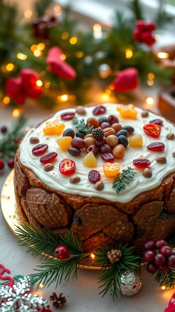A decorated Christmas fruit cake with dried fruits and nuts on a festive table.